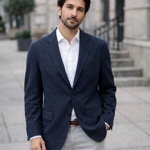 Armani Collezioni Mens Navy Blue Ribbed Cotton Linen Blazer Sport Coat Italy 44R